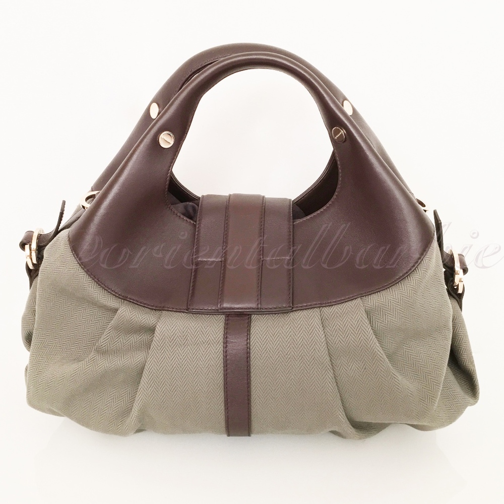 y2k vintage vhtf BVLGARI CHANDRA NEUTRAL CHVRON TAUPE CANVAS BROWN CALF LEATHER - Picture 4 of 8